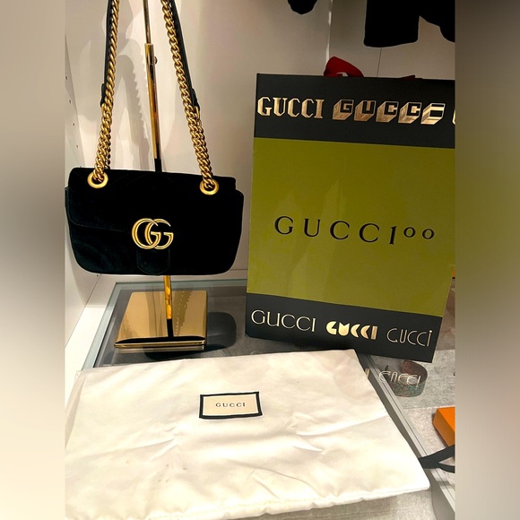 Gucci Handbags - Gucci Black Matelassé Velvet Small GG Marmont Shoulder Bag